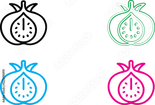 Minimalist clock icons, pomegranate-shaped clocks, stylized fruit timekeepers, line art fruit clocks, colorful outline timepieces, modern fruit-inspired watch designs, simplified pomegranate clocks, g