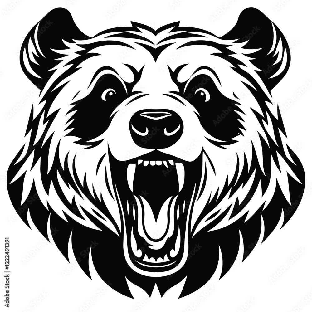 Obraz premium Fierce roaring bear head illustration in black and white with bold lines and detailed fur for logo