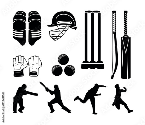 Cricket Helmet Gloves Stump With Cricket Gured Vector Clip Art Design Collection With White Background, Protective Helmet Stump And Pads, Ball Vector Set