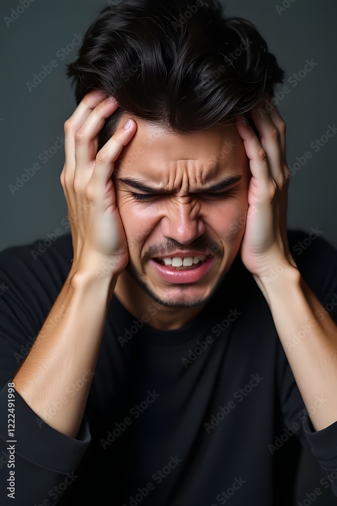 Stressed and Overwhelmed Man Holding His Head in Distress Stressed and Overwhelmed Man Holding His Head in Distress