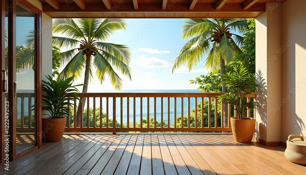 Fototapeta premium Tropical balcony with ocean view for travel blogs and vacation rental websites