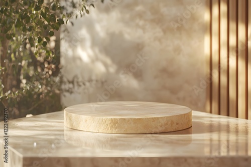 Spa-inspired setup featuring an empty travertine round podium placed on a polished granite countertop. The backdrop is softly blurred, beauty products, cosmetics promotion or advertising.