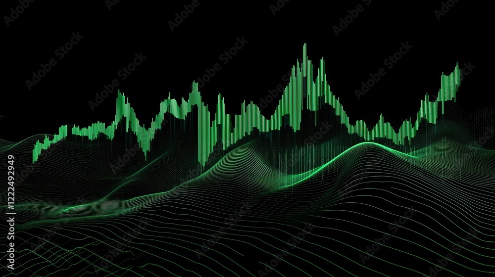 Naklejka premium Economic growth graph: creative abstract modern 3D background in green tones with futuristic design elements, symbolizing innovation, progress, and sustainability in financial and economic development