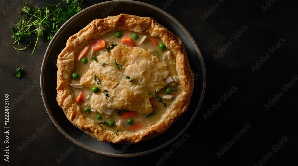 A bowl of homemade chicken pot pie with a golden flaky crust and hearty filling of chicken and vegetables, Centered in a minimalist ceramic bowl, Overhead view with soft ambient light A bowl of homemade chicken pot pie with a golden flaky crust and hearty filling of chicken and vegetables, Centered in a minimalist ceramic bowl, Overhead view with soft ambient light