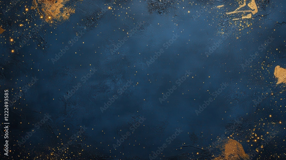 Fototapeta premium Dark Blue Textured Background with Golden Splatters and Glittering Particles