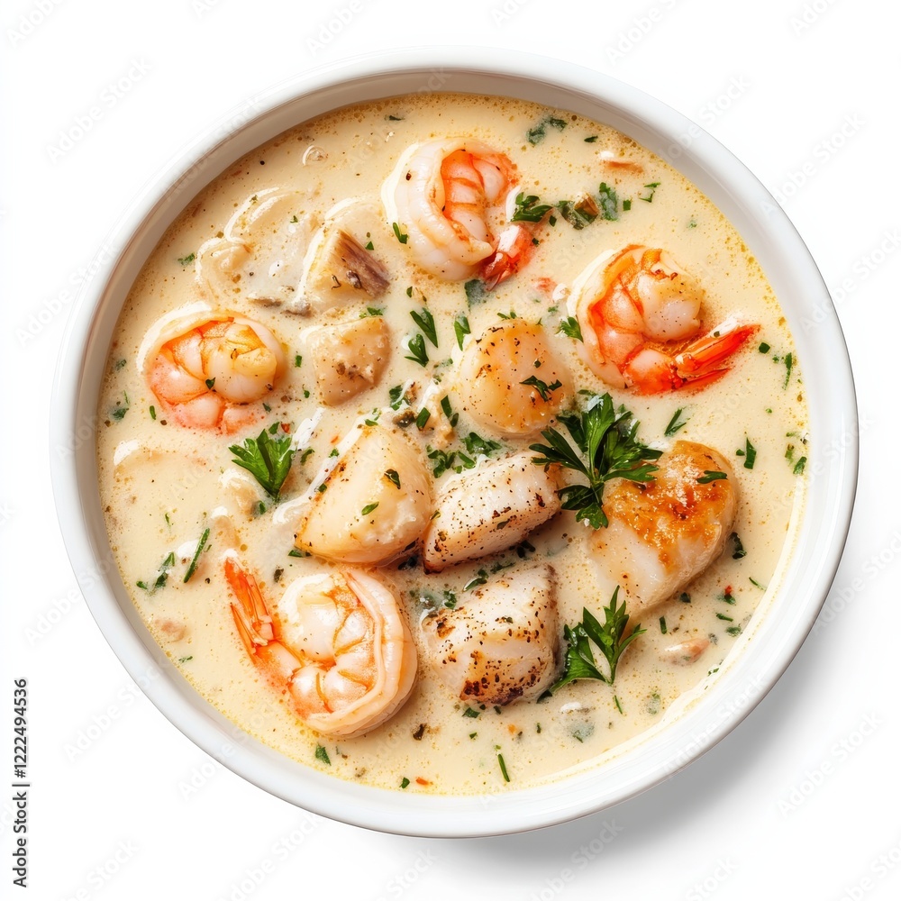 A bowl of creamy seafood chowder with shrimp and scallops, isolated white background, modern art style A bowl of creamy seafood chowder with shrimp and scallops, isolated white background, modern art style