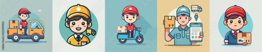A collection of vectors of a package delivery person A collection of vectors of a package delivery person