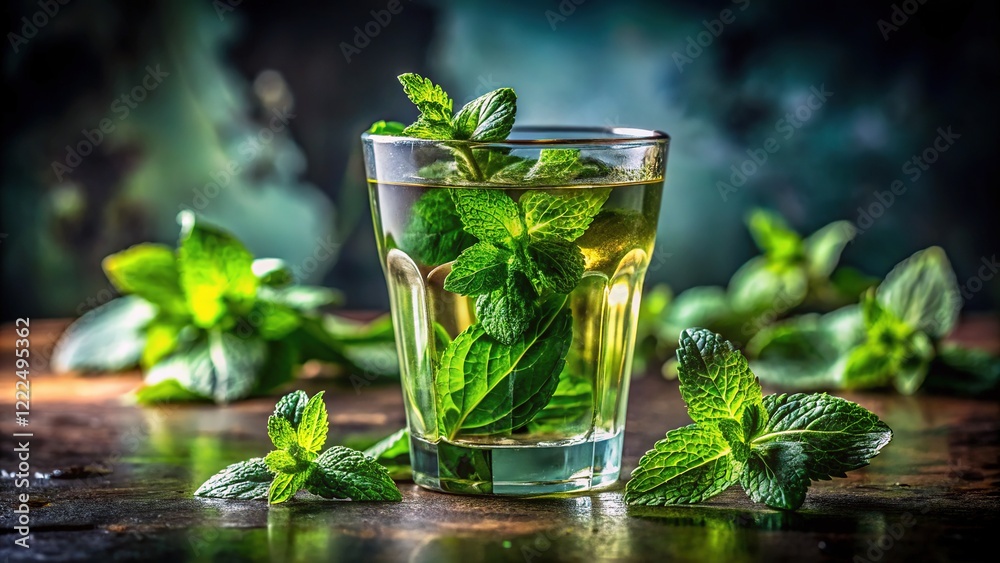 A refreshing mint tea, photorealistic, in a glass. A refreshing mint tea, photorealistic, in a glass.