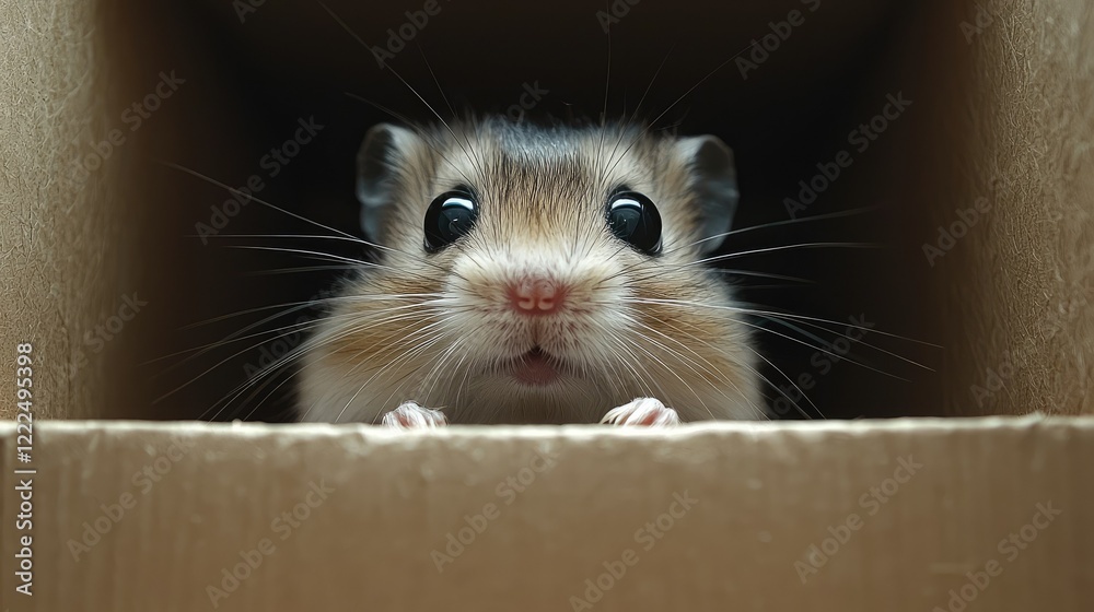 Fototapeta premium Adorable Hamster Peeking From Cardboard Box