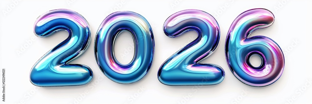 Metallic Blue And Pink 2026 Number Balloons Isolated On A White Background, 3D Rendering Metallic Blue And Pink 2026 Number Balloons Isolated On A White Background, 3D Rendering