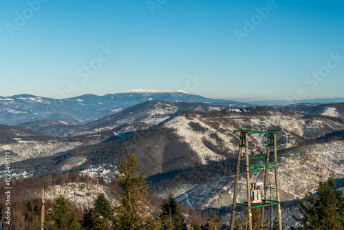 View to Pilsko and Babia hora from Velka Raca hill in winter Kysucke Beskydy mountains photo