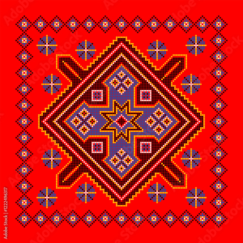 Vector illustration of Ukrainian ornament in ethnic style, identity, vyshyvanka, embroidery for print clothes, websites, banners. Background. Geometric design, border, copy space, frame