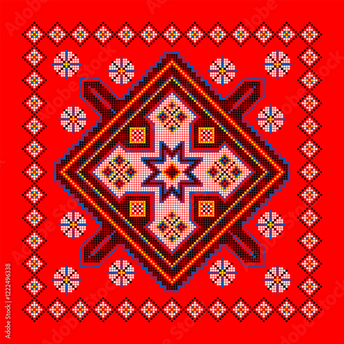 Vector illustration of Ukrainian ornament in ethnic style, identity, vyshyvanka, embroidery for print clothes, websites, banners. Background. Geometric design, border, copy space, frame