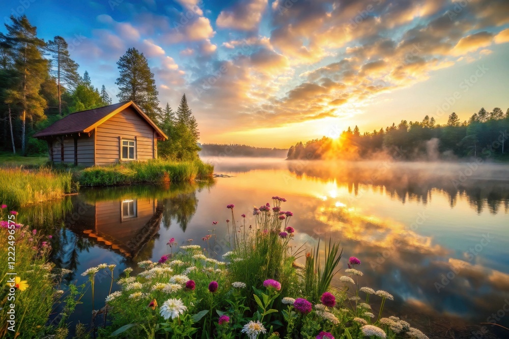 Fototapeta premium Serene Lakeside Cabin at Sunrise with Vibrant Wildflowers Reflecting in Calm Water