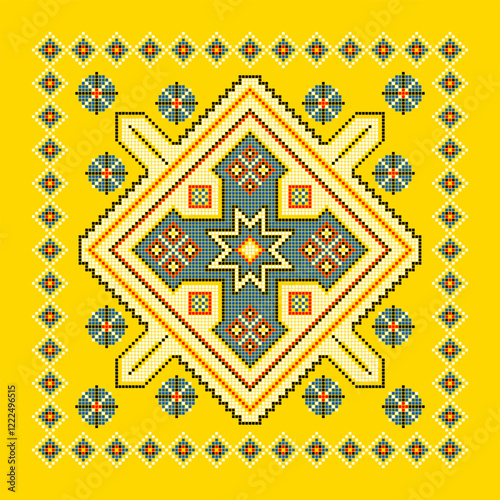Vector illustration of Ukrainian ornament in ethnic style, identity, vyshyvanka, embroidery for print clothes, websites, banners. Background. Geometric design, border, copy space, frame