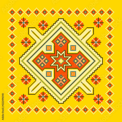 Vector illustration of Ukrainian ornament in ethnic style, identity, vyshyvanka, embroidery for print clothes, websites, banners. Background. Geometric design, border, copy space, frame