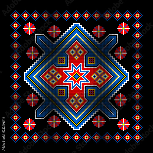 Vector illustration of Ukrainian ornament in ethnic style, identity, vyshyvanka, embroidery for print clothes, websites, banners. Background. Geometric design, border, copy space, frame