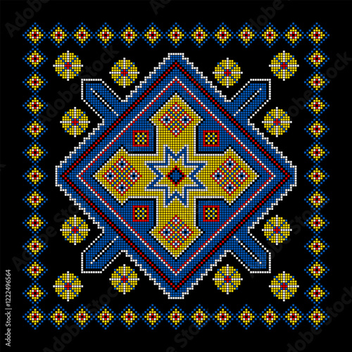 Vector illustration of Ukrainian ornament in ethnic style, identity, vyshyvanka, embroidery for print clothes, websites, banners. Background. Geometric design, border, copy space, frame