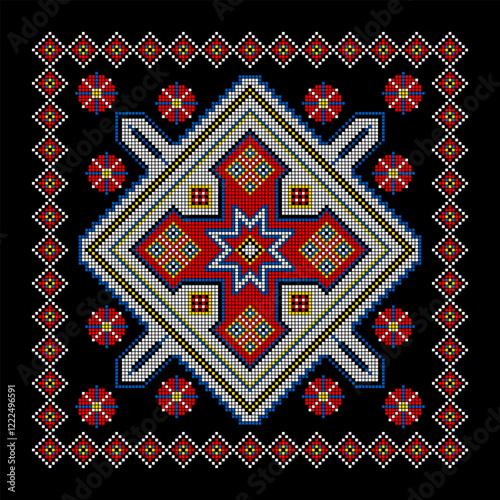 Vector illustration of Ukrainian ornament in ethnic style, identity, vyshyvanka, embroidery for print clothes, websites, banners. Background. Geometric design, border, copy space, frame