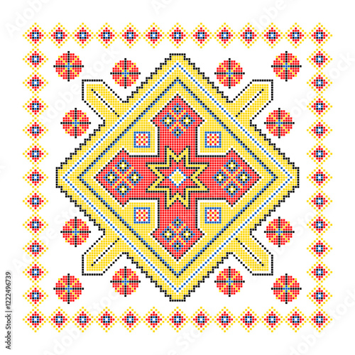 Vector illustration of Ukrainian ornament in ethnic style, identity, vyshyvanka, embroidery for print clothes, websites, banners. Background. Geometric design, border, copy space, frame