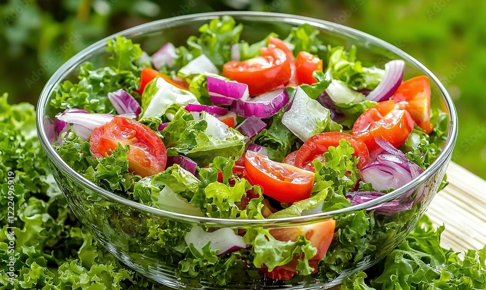Fresh garden salad with tomatoes, cucumbers, onions, and kale in a glass bowl outdoors Fresh garden salad with tomatoes, cucumbers, onions, and kale in a glass bowl outdoors