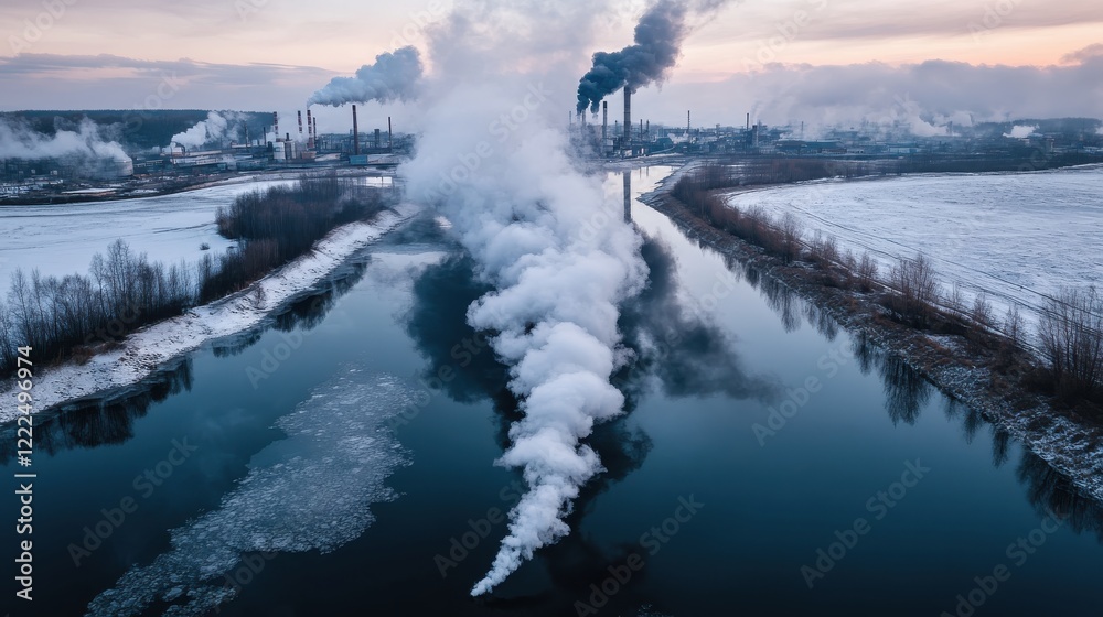 Fototapeta premium A polluted river surrounded by factories emitting smoke