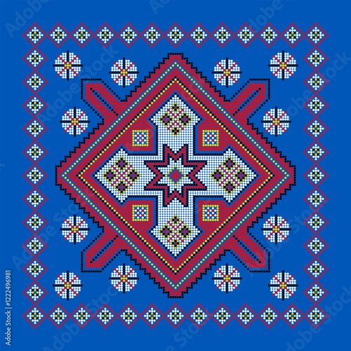 Vector illustration of Ukrainian ornament in ethnic style, identity, vyshyvanka, embroidery for print clothes, websites, banners. Background. Geometric design, border, copy space, frame