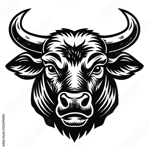 Detailed black and white bull head illustration with intricate shading, strong horns, and bold lines for logo, tattoo, or mascot design