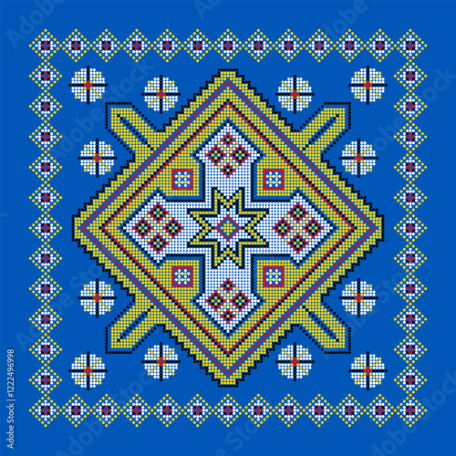 Vector illustration of Ukrainian ornament in ethnic style, identity, vyshyvanka, embroidery for print clothes, websites, banners. Background. Geometric design, border, copy space, frame