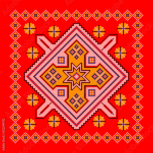 Vector illustration of Ukrainian ornament in ethnic style, identity, vyshyvanka, embroidery for print clothes, websites, banners. Background. Geometric design, border, copy space, frame