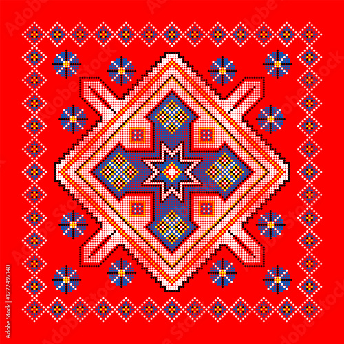 Vector illustration of Ukrainian ornament in ethnic style, identity, vyshyvanka, embroidery for print clothes, websites, banners. Background. Geometric design, border, copy space, frame