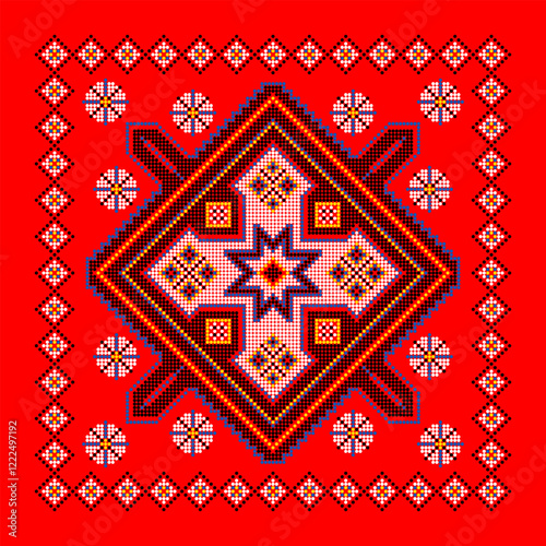Vector illustration of Ukrainian ornament in ethnic style, identity, vyshyvanka, embroidery for print clothes, websites, banners. Background. Geometric design, border, copy space, frame
