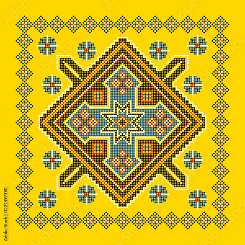 Vector illustration of Ukrainian ornament in ethnic style, identity, vyshyvanka, embroidery for print clothes, websites, banners. Background. Geometric design, border, copy space, frame