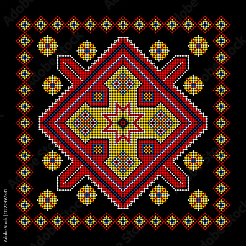 Vector illustration of Ukrainian ornament in ethnic style, identity, vyshyvanka, embroidery for print clothes, websites, banners. Background. Geometric design, border, copy space, frame