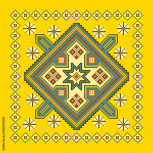 Vector illustration of Ukrainian ornament in ethnic style, identity, vyshyvanka, embroidery for print clothes, websites, banners. Background. Geometric design, border, copy space, frame