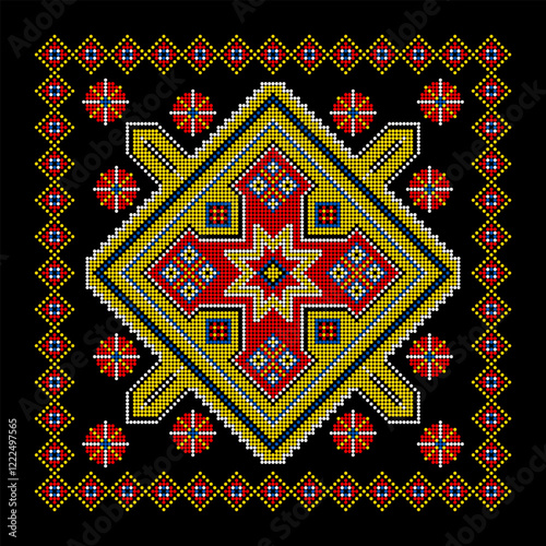 Vector illustration of Ukrainian ornament in ethnic style, identity, vyshyvanka, embroidery for print clothes, websites, banners. Background. Geometric design, border, copy space, frame