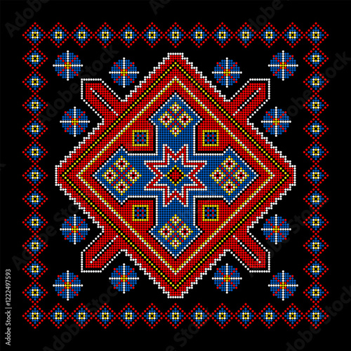 Vector illustration of Ukrainian ornament in ethnic style, identity, vyshyvanka, embroidery for print clothes, websites, banners. Background. Geometric design, border, copy space, frame