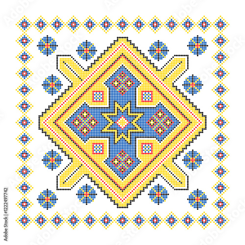 Vector illustration of Ukrainian ornament in ethnic style, identity, vyshyvanka, embroidery for print clothes, websites, banners. Background. Geometric design, border, copy space, frame