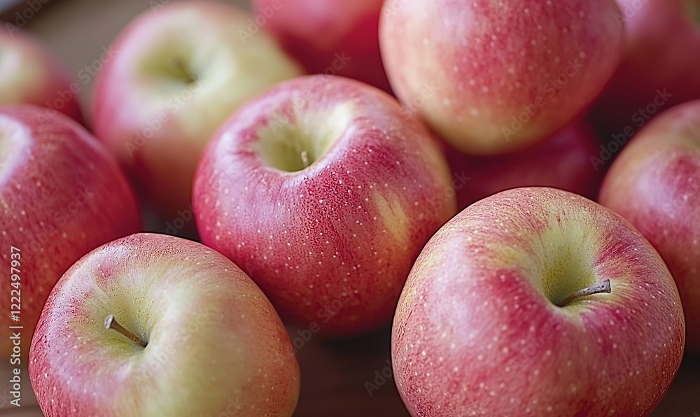 Fresh red and yellow apples piled on a wooden surface, ready for eating or baking Fresh red and yellow apples piled on a wooden surface, ready for eating or baking