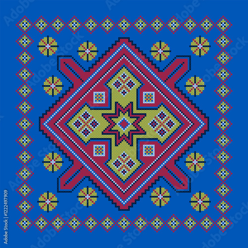 Vector illustration of Ukrainian ornament in ethnic style, identity, vyshyvanka, embroidery for print clothes, websites, banners. Background. Geometric design, border, copy space, frame