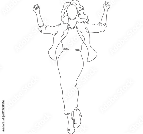 Continuous one line drawing the girl is rejoicing. The woman is delighted. Positive emotions of a young woman. One continuous line isolated minimal illustration.Not AI.