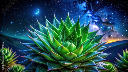 Close-up aloe succulent, vibrant green, illuminated by night sky.