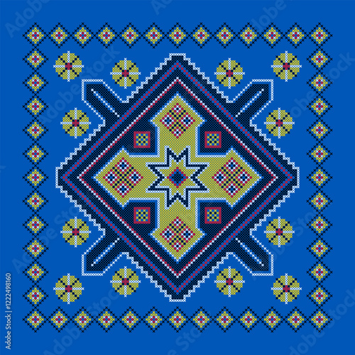Vector illustration of Ukrainian ornament in ethnic style, identity, vyshyvanka, embroidery for print clothes, websites, banners. Background. Geometric design, border, copy space, frame