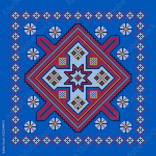 Vector illustration of Ukrainian ornament in ethnic style, identity, vyshyvanka, embroidery for print clothes, websites, banners. Background. Geometric design, border, copy space, frame