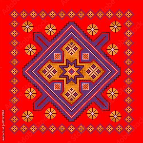Vector illustration of Ukrainian ornament in ethnic style, identity, vyshyvanka, embroidery for print clothes, websites, banners. Background. Geometric design, border, copy space, frame