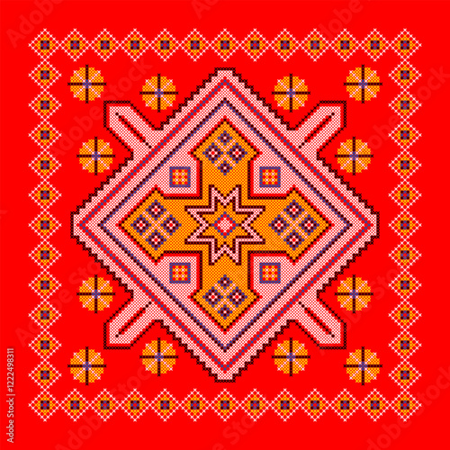 Vector illustration of Ukrainian ornament in ethnic style, identity, vyshyvanka, embroidery for print clothes, websites, banners. Background. Geometric design, border, copy space, frame