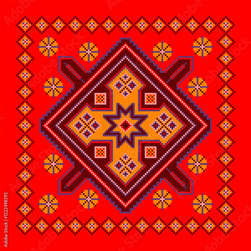 Vector illustration of Ukrainian ornament in ethnic style, identity, vyshyvanka, embroidery for print clothes, websites, banners. Background. Geometric design, border, copy space, frame