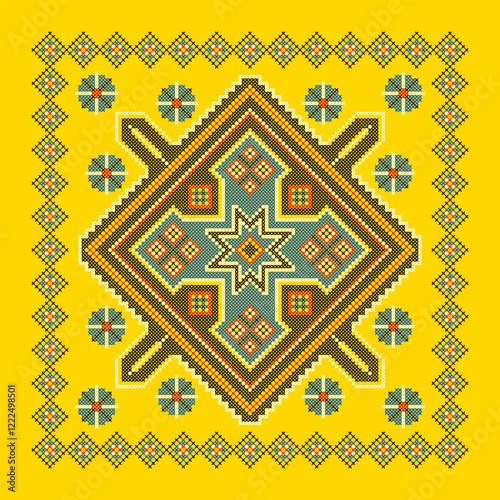 Vector illustration of Ukrainian ornament in ethnic style, identity, vyshyvanka, embroidery for print clothes, websites, banners. Background. Geometric design, border, copy space, frame