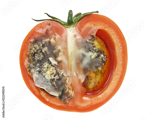 rotten tomato half with mold and decayed texture isolated on background for food waste and decomposition concept
 photo