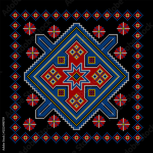 Vector illustration of Ukrainian ornament in ethnic style, identity, vyshyvanka, embroidery for print clothes, websites, banners. Background. Geometric design, border, copy space, frame